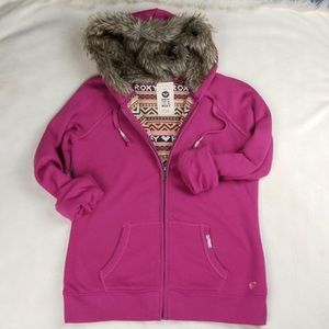 Roxy Sz M Deep Pink Zip-Up fluffy Faux fur lined Hoodie Y2K Barbie pink warm